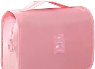 IMCUZUR Hanging Travel Toiletry Bag for Women, Water-resistant Makeup Bag Cosmetic Organizer for Traveling Accessories Toiletries (Pink)