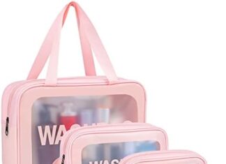 YuanCheng Upgrade Travel Toiletry Bags for Women, Pack-4 Different Size Make Up Bags with Handle, Large Capacity Translucent Waterproof Travel Cosmetic Bags (Comestic Bag-Pink)
