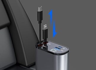 Retractable Car Charger, 4 in1 Fast Car Phone Charger 60W, Retractable Cables (2.6Ft) and 2 USB Ports Car Charger Adapter, Compatible with iPhone 15/15 Pro Max/14 Pro Max/13/12/11,Galaxy S23/22,Pixel