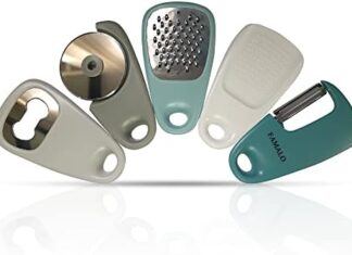 FAMALO Kitchen Gadgets Set 5 Pcs, Space Saving Cooking Tools,Utensil Set,Cheese Grater, Vegetable Peeler, Garlic Grinder, Pizza Cutter, Bottle Opener, Portable Kitchen Tools for Travel, Camping