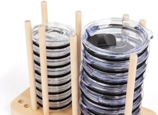 Adjustable Bamboo Tumbler Lid Organizer – Holds up to 20 Lids – YETI Lid Organizer for Cabinet – YETI Organizer for Kitchen Cabinets – Water Bottle Lid Organizer for Cabinet – Cup Lid Holder – Stacker
