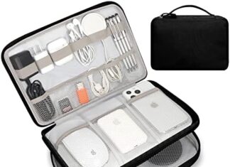 FYY Electronic Organizer, Travel Cable Organizer Bag Pouch Electronic Accessories Carry Case Portable Waterproof All-in-One Double Layers Storage Bag for Cable, Cord, Charger, Phone, Hard Drive, Black
