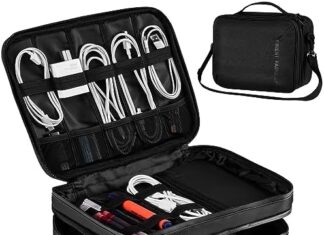 Large Electronic Organizer Travel Case, Cable Organizer Bag with Shoulder Strap & Hidden Pocket, Waterproof Portable Travel Cord Organizer Storage Accessories for Charger, Cable(Up to 11 inch Tablet)