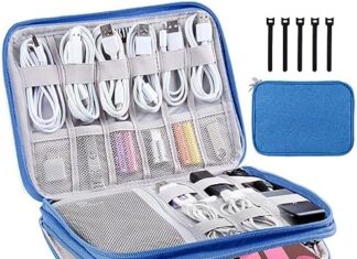 CNPOP Electronics Organizer,Travel Cable Organizer Bag,Water Resistant Double Layers Pouch for Cable,Cord,iPhone,iPad Mini,Gift for Men Electronic Accessories Storage Case with 5 Cable Ties,Blue