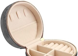 DesignSter Travel Jewelry Box – Velvet Mini Jewelry Organizer, Small Jewelry Case for Girls Women, Jewelry Storage Box for Rings Earrings Necklace (Circular, Cool Gray)