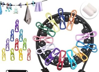 Portable Clothesline with 12 Colorful Clothespins, Windproof Travel Clothesline Stretchy Retractable Elastic Laundry Clothes Line for Backyard, Vacation Hotel, Balcony and Indoor Use