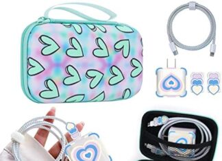 Cute Phone Charger Case Set with kawaiiBlue 3D love heart cable Protector Carrying Case Bag with Lovely Heart Cable Protector Set,Travel Cable Organizer,Soft USB Phone accessories Earphone Charger Protector Cover Compatible for iPhone