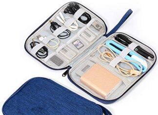 Electronic Organizer Travel Universal Cable Organizer Electronics Accessories Storage Bag Gadget Gear Cases for iPad Mini, Kindle, Smartphone, Cable, Charger, Power Bank, USB, SD Card (Blue)…