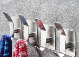 YIGII Adhesive Hooks/Towel Hooks for Bathrooms – Stick on Wall Hooks Heavy Duty Hooks for Hanging Coat/Robe/Towels, Stainless Steel Brushed (4-Pack)