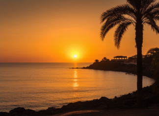 Best Last-Minute Half-Term Holidays for Families A serene sunset over Costa Adeje, Tenerife, with the sun dipping below the horizon