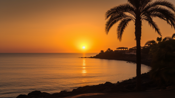 A serene sunset over Costa Adeje, Tenerife, with the sun dipping below the horizon