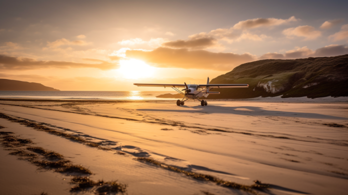 Landing at sunset on the Scottish island of Barra