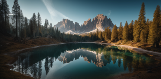 Majestic Dolomites mountains mirrored perfectly in a calm azure lake,