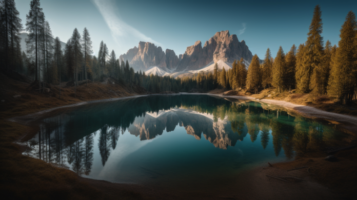 Majestic Dolomites mountains mirrored perfectly in a calm azure lake,