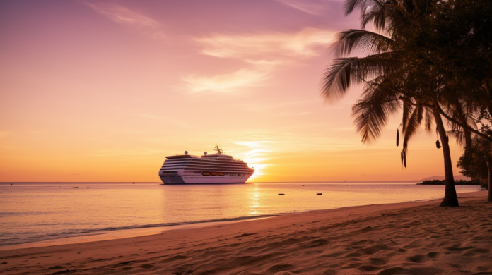 Small intimate cruise ship during sunset