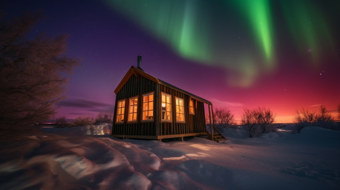 A cozy cabin under the northern lights in Iceland