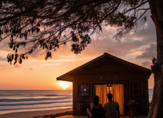 Exclusive Philippines Island Exploration for the Over 40s Senior couple enjoying a sunset dinner on a quiet beach in Palawan, part of an exclusive travel package for over 40s exploring the Philippines