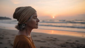 A mature solo traveler overlooking a peaceful Bali beach at sunset, symbolizing the tranquil and adventurous spirit of solo travel over 40 in Bali