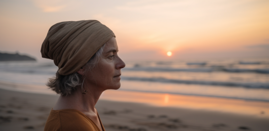 A mature solo traveler overlooking a peaceful Bali beach at sunset, symbolizing the tranquil and adventurous spirit of solo travel over 40 in Bali