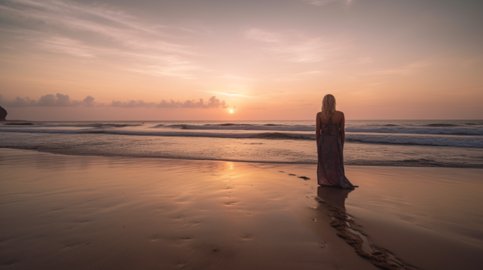 A mature solo traveler enjoying a scenic sunset view in Bali