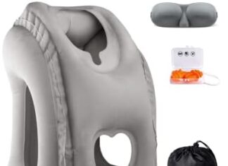 Sunany Travel Pillow, Inflatable Neck Pillow Used for Airplanes/Cars/Buses/Trains/Office Napping with Eye Mask/Earplugs (Gray)