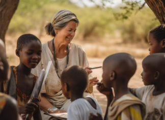 Over 40 Travel Volunteer: Transforming Travel into Impact a mature woman engaging with local children in a rural African village