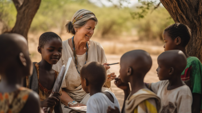 a mature woman engaging with local children in a rural African village