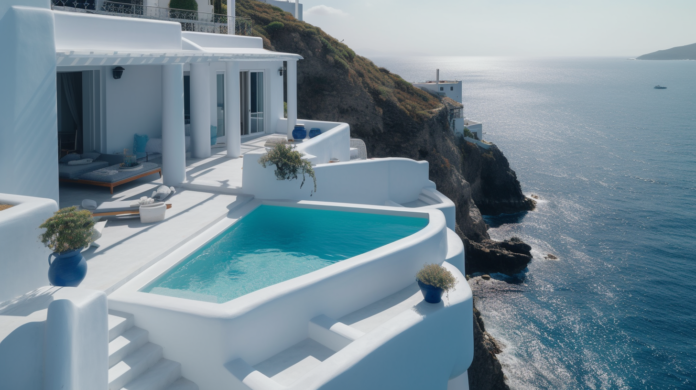 View from the clifftop Greek villa overlooking the Aegean Sea
