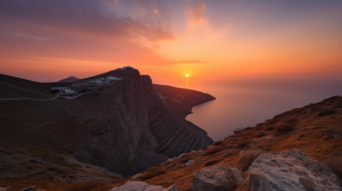 Chora Folegandros panoramic view of whitewashed houses and Aegean Sea