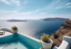 Infinity pool at a cliffside luxury villa with stunning views of the Aegean Sea and distant islands.
