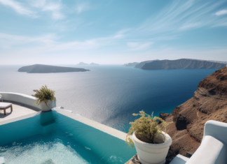 Infinity pool at a cliffside luxury villa with stunning views of the Aegean Sea and distant islands.