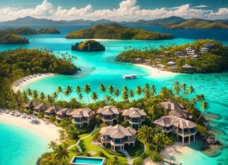 Discover Exclusive Private Islands in the Philippines – Contact Us for Unmatched Deals A stunning private island in the Philippines with turquoise waters, white sandy beaches, lush tropical vegetation, and luxurious beachfront villas under a sunny blue sky