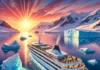 Luxury Travel News: The Latest Updates in November 2024 Antarctic Cruise Ship: A luxurious cruise ship sailing through icy Antarctic waters, surrounded by majestic icebergs and a colorful sunset, with passengers observing the serene environmen