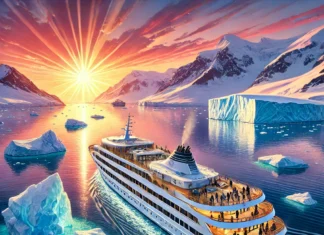 Luxury Travel News: The Latest Updates in November 2024 Antarctic Cruise Ship: A luxurious cruise ship sailing through icy Antarctic waters, surrounded by majestic icebergs and a colorful sunset, with passengers observing the serene environmen