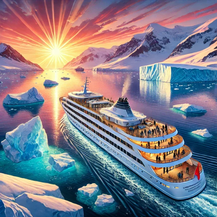 Antarctic Cruise Ship: A luxurious cruise ship sailing through icy Antarctic waters, surrounded by majestic icebergs and a colorful sunset, with passengers observing the serene environmen