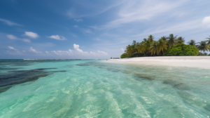 Scenic view of a local island in the Maldives with colorful guesthouses and clear blue water