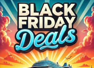 Black Friday Cruise Deals 2024: Best Discounts on World Cruises A luxury cruise ship sailing on a serene ocean with a sunset in the background, with the text "Black Friday Deals"