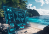 digital interface hovering over a tropical beach, displaying a 3D map
