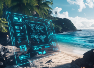 AI Enhancements in Travel Planning digital interface hovering over a tropical beach, displaying a 3D map