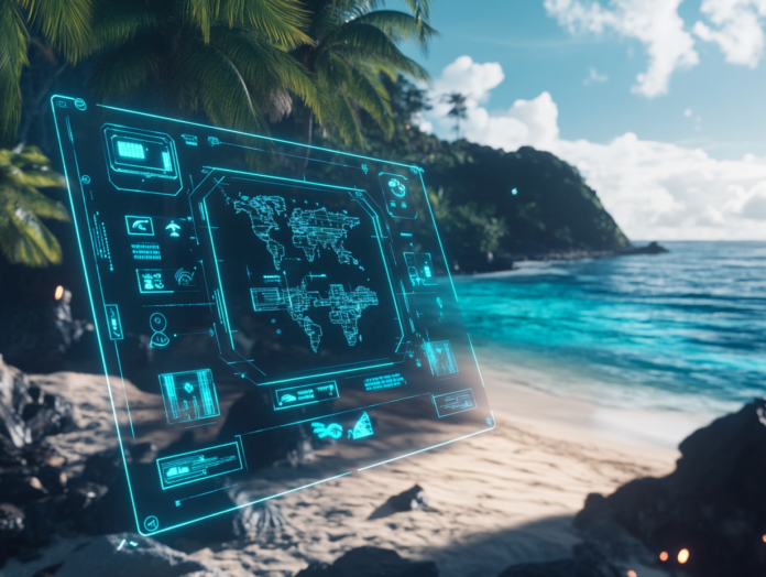 digital interface hovering over a tropical beach, displaying a 3D map