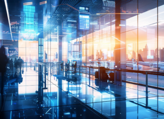 Exploring the Latest AI Innovations in Travel A futuristic airport terminal, travelers assisted by AI-powered holographic guides,