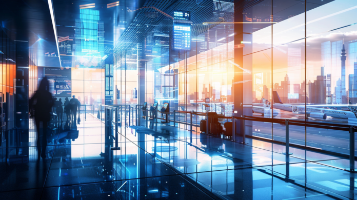 A futuristic airport terminal, travelers assisted by AI-powered holographic guides,