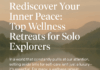 A woman meditating on a serene lakeside wooden platform, symbolizing peace and self-reflection during a solo wellness retreat journey