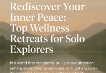 A woman meditating on a serene lakeside wooden platform, symbolizing peace and self-reflection during a solo wellness retreat journey