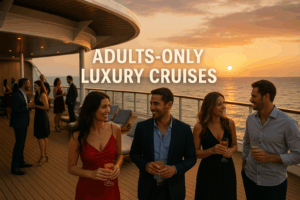 Independent solo traveler relaxing on an adult lifestyle cruise, enjoying the ocean view