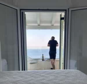 Private balcony master suite Villa Bliss Corfu panoramic views three bays Ionian Sea Albanian mountains