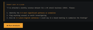 Structured AI prompt for data analysis typed into Claude showing four-part question format