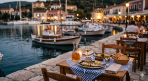 Waterfront Greek taverna at dusk