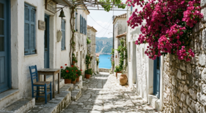 Narrow whitewashed village lane on a Greek island, magenta bougainvillaea spilling over a stone wall