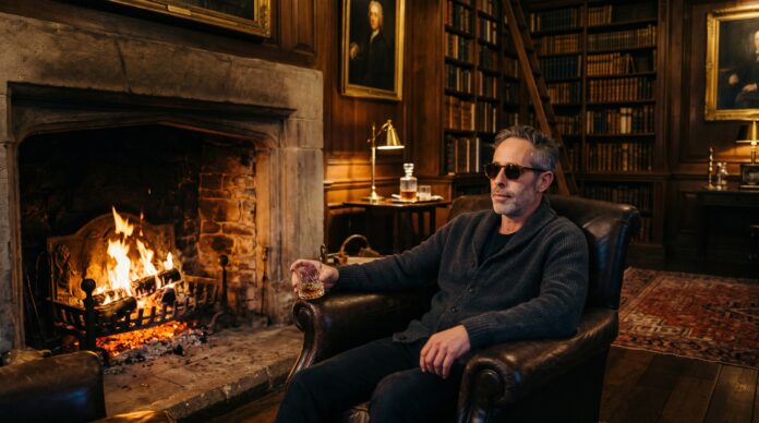 Luxury solo travel retreats guest sitting fireside in a candlelit Scottish Highland drawing room